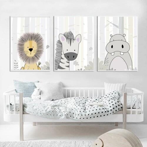 Hippo Zebra Lion Woodland Animal Print Baby Nursery Canvas Poster Nordic Wall Art Picture Paintings for Boy Kids Room Decorative