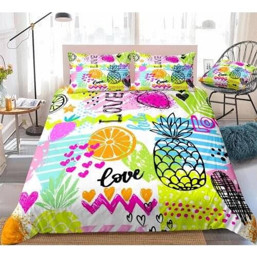 Colorful Fruits Duvet Cover Set Pineapples Strawberries and Oranges Bed Set White Bedding Kids Girls 3pcs Rainbow Fruit Dropship