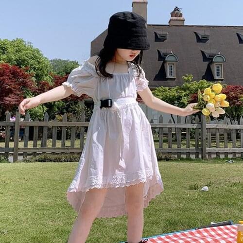 Summer Girls' Dress Dovetail Fashion Belt Lace-Trimmed Puff Sleeves Dress European American Baby Kids ChildrenS Clothing