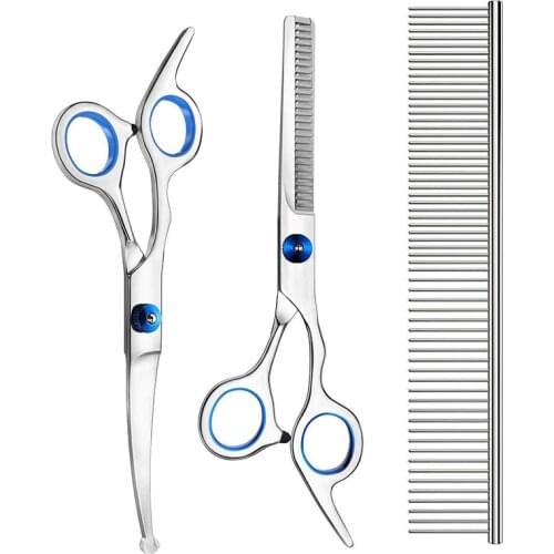 Hot 3 Pack Dog Grooming Scissors with Safety Round Tip, Perfect Stainless Steel Up-Curved Grooming Scissors Thinning Cutting She