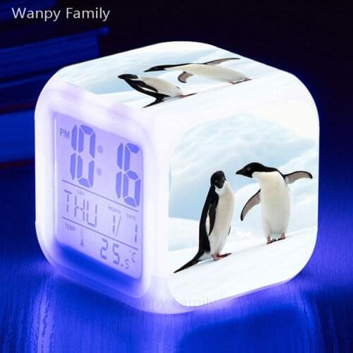 Cute penguin alarm clock 7 color luminous LED digital clock large screen multifunctional luminous electronic watch for Kids gift