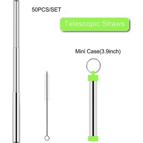 Newest 50PCS Portable Reusable Stainless Steel Straws，Three-Section Adjustable Telescopic Straight Straw Set with Cleaning Brush
