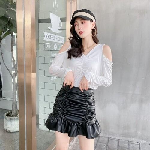 Solid Color Off Shoulder T Shirt Women Slim Fashion All Match Korean Style New Autumn V-neck Sexy Goddess Fan Stretch T-shirt