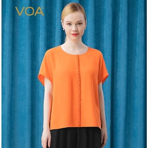 VOA Heavyweight Silk 30m/m Orange Round Neck Raglan Sleeve Wooden Ear Edge Three Simple One Piece T Shirt for Women BE379