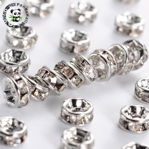 100pc grade a rhinestone spacer beads, clear, brass, Metal color, nickel free, about 4mm in diameter, 2mm thick; hole: 0.8mm