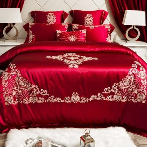 Luxury Embroidery Red Tribute 100S Egyptian cotton Wedding Bedding sets Queen King red Duvet cover Bed sheet set Pillowcase