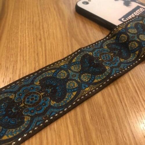 Wide 5cm 10yards/lot Polyester Woven Jacquard Ribbon blue yellow pattern for hat curtain and clothing accessory LS-5356