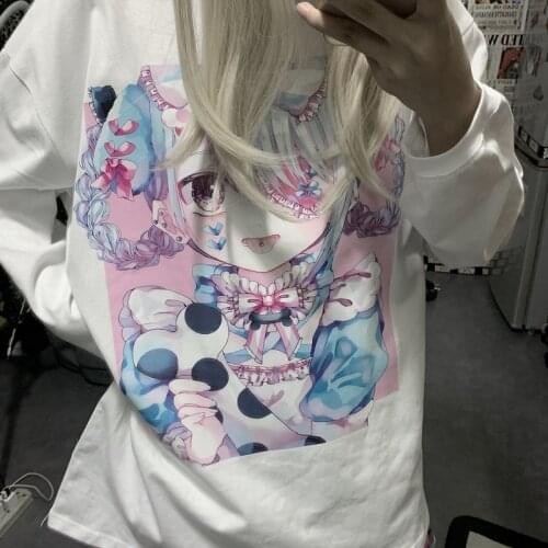 Harajuku Streetwear Long Sleeve White T-shirt Women Clothes Autumn Cute Kawaii Cartoon Anime Print Sweet Girls Tops Tee Y2k Tops
