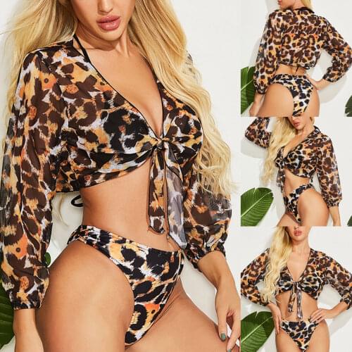 2021 Summer Time Womens 3 Piece Bathing Suit, Long Sleeve Knot Front Leopard Cover Ups + Triangle Bikini Tops + Shorts Set