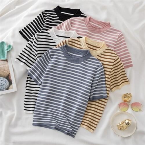 LJSXLS Slim Knitted Pullover Women 2021 Summer New O Neck Striped Sweater Womens Ice Silk Short Sleeve All-Match Tops Pull Femme