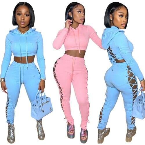 Women Solid Tracksuit Full Sleeve Hooded Collar Crop Tops Bandage Hollow Out Pants Two 2 Piece Set Outfits Tracksuit 2021 Autumn