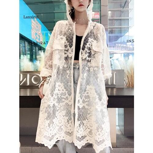 Summer New Mesh Lace Embroidery Coat Sun Protection Shirt Seaside Vacation Lace-up Long Cardigan Coat Hooded Women Zip