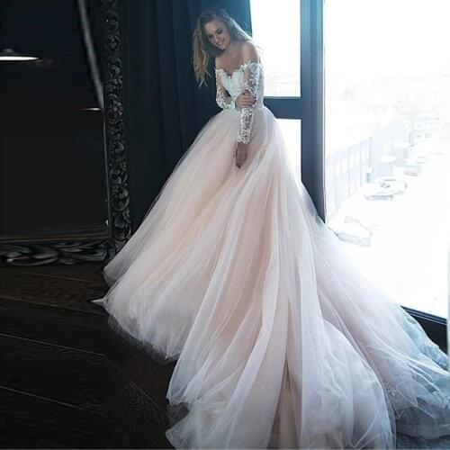 Open Off the Shoulder Long Sleeves Blush Ball Gowns Blush Wedding Dress Lower Back Crystals Bridal Dress Vestido De Novia