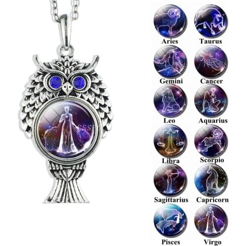 12 Constellations Signs Button Glass Cabochon Jewelry Pendant Cute Owl Shape Necklace Zodiac Birthdays Gifts for Women