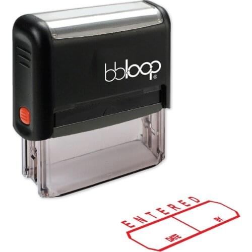 BBloop "ENTERED" W/Date And By Box Self-Inking Stamp, Rectangular, Laser Engraved, RED