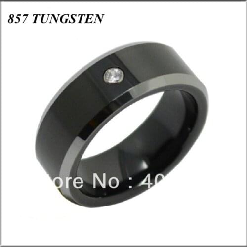 Free Shiping! USA Hot Selling 8MM Width New Mens Wedding Band Black Tungsten Carbide Shiny Edges With White Stone Ring