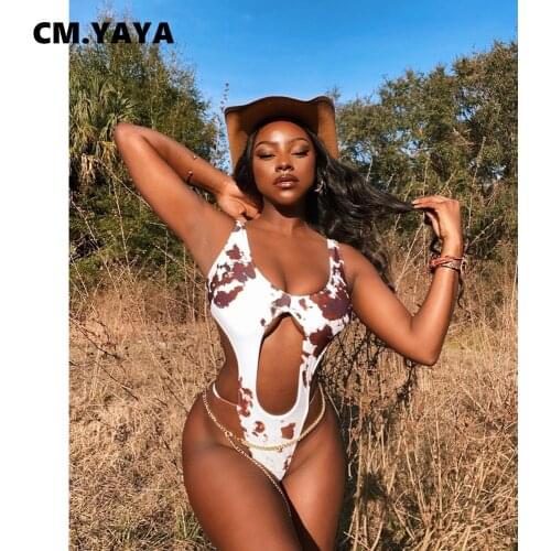 CM.YAYA Women Bodysuit Print Sleeveless O-nekc Bandage Hollow Out Stretchy Skinny Bodysuits Sexy Swimsuit Summer Fashion Outfit