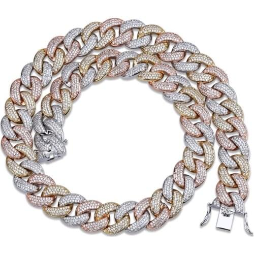 Full Zircon Iced out Bling hip hop 18mm tricolor mens big Cuban chain lock micro-studded zircon Chain necklace For Men Jewelry