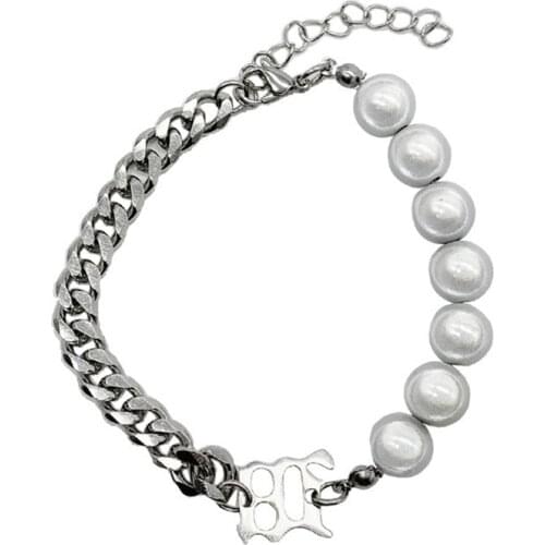 POTCET Unisex Stainless Steel Pearl Letter M Titanium Steel Bracelet Geometric Fashion Retro Hip Hop Personality Party Jewelry