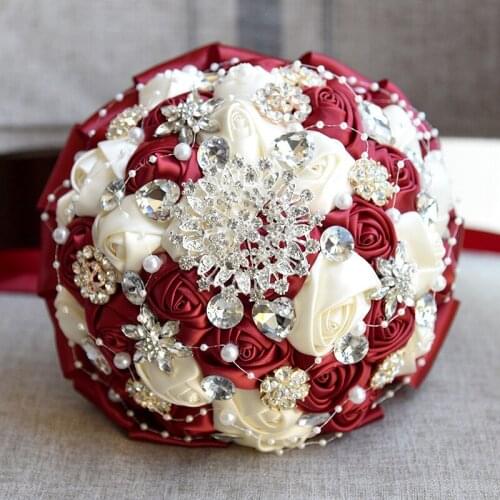 Burgundy Brooch Bouquet Bride Bouquets de mariage with rhinestone Artificial Crystal Wedding Flowers buque de noiva 4 Colors
