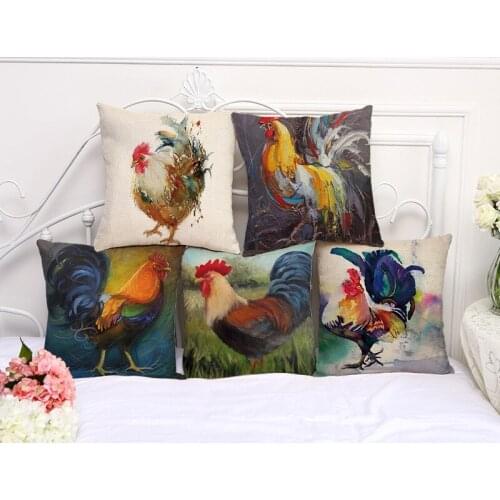 Decorative Pillow Case Color Painting Cock Rooster Chick Pillowcase 17.5 Inches Cotton Linen Chair Seat Throw Pillow Cover A1096