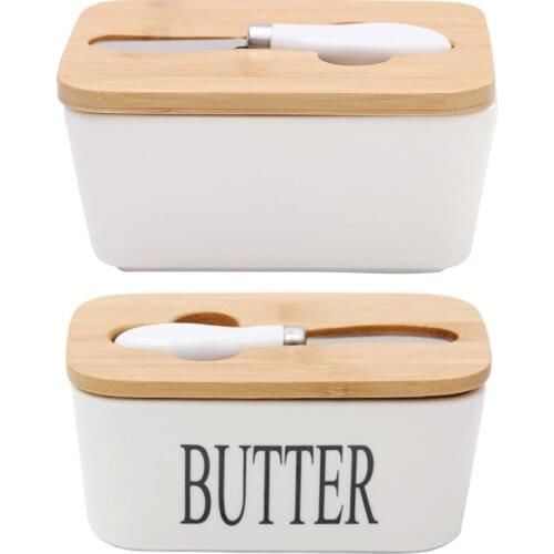 Nordic Porcelain Butter Dish Plate Sealing Box with Wooden Lid Knife Cheese Storage Tray Container Gift Set