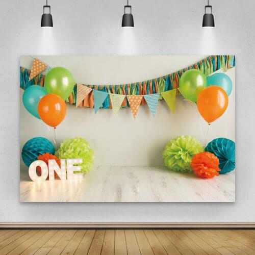 Happy 1st Birthday Party Photo Backdrops For Wooden Floor Flags Balloons Customized Portrait Photography Backgrounds Photozone