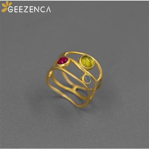 GEEZENCA 925 Sterling Silver Natural Gemstone Women Rings Aquamarine Garnet Peridot Personalized Ring Unusual Trendy Party Gift