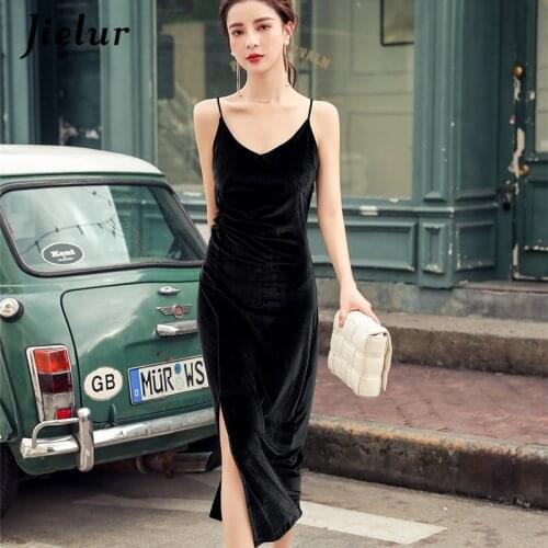 Jielur Vintage Spaghetti Strap Dress Women Velour Slim Sexy Party V-neck Black Dresses Lady Elegant Temperament Side Split Dress