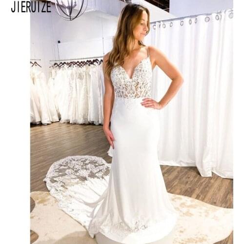 JIERUIZE White Long Boho Mermaid Wedding Dresses Spaghetti Straps Lace Appliques Backless Sheer Bride Dresses Robe De Mariee