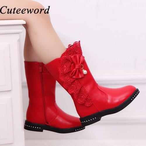 Fashion Girl Boots Autumn Winter 2021 New Korean High Boots Kids Single Boots Big Children Plus Velvet Lace Bow Shoes Size 27-38