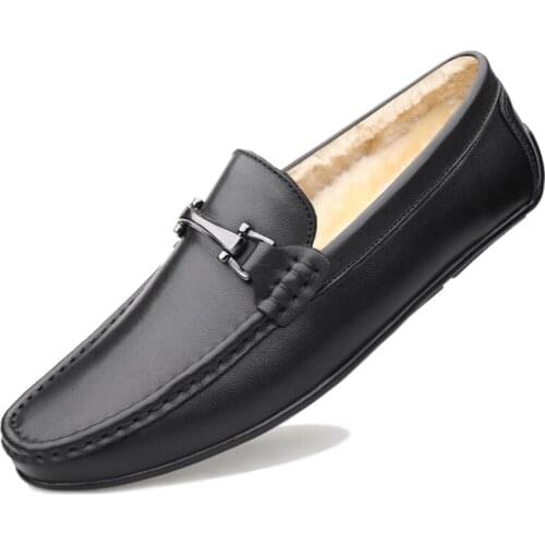 AGSan Men Winter Leather Loafers Plush Warm Driving Shoes Luxury Brand Fur Moccasins for Men Leather Driving Loafers Black Shoes
