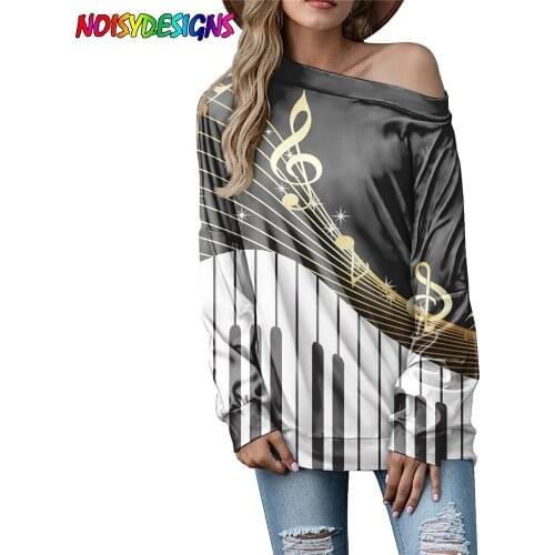 NOISYDESIGNS Women Off Shoulder T-shirts Music Note Style Ladies Long Sleeve Pullovers Top Female Plus Size Tee Vestidos Mujer