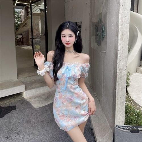 French style square neck floral slim dress