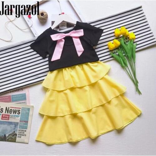 Jargazol Girls Clothes Korean Summer Backless Big Bow Shirt&Cake Skirt Fashion Children Clothign Set Kids Outfits Costume 2019