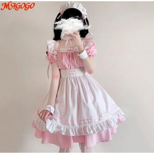 MAGOGO Cosplay Maid Outfit Lolita Dress Women Cute Pink Blue Red White Bow Sweet Japanese Apron Dresses Size S-XL