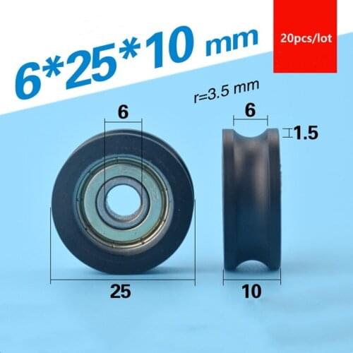 20pcs U groove Plastic coated bearing 626ZZ 6*25*10mm door window roller wheel package nylon pulley POM Bore 6mm Diameter 25mm