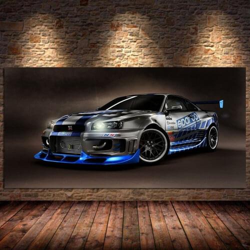 Skyline GTR R34 Sport Car Posters Canvas Decorative Print Wall Art Painting Home Decor for Living Room Pictures Decorations