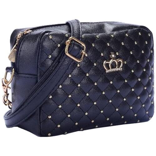 Black Women Bag Fashion Women Messenger Bags Rivet Chain Shoulder Bag High Quality PU Leather Crossbody Quiled Crown Bags