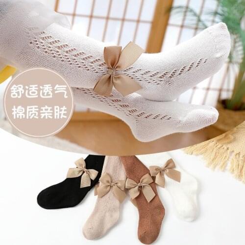 Spring And Autumn New Style Spanish Style Transfer Circle Hollow Baby Pantyhose Combed Cotton Big Bow Female Childrens Stocking