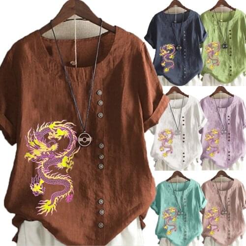 Womens Linen Shirt Round Collar Dragon Printed T-shirt Short Sleeve Casual Shirt Ladies Plus Size Loose Tops & Blouses