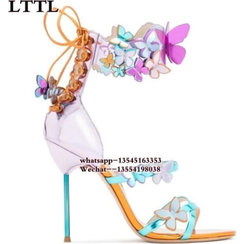 Butterflies Embellished Leather Women Sandals Ankle Strap Lace Up Thin High Heels Party Shoes Woman Purple/Black Size 34-42