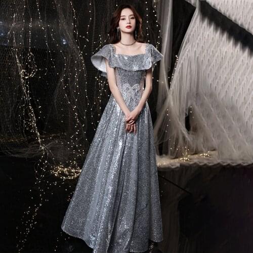 New Sequins Square Collar Evening Dress Ruffles Short Sleeves Luxurious Simple A-Line Floor-Length Woman Formal Party Gowns A853