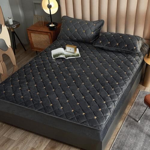Coral Fleece Bed Cover Mattress Protector Fitted Sheet Style Bedspread Solid Color Quilted Thick Soft Mat Pad for Bed