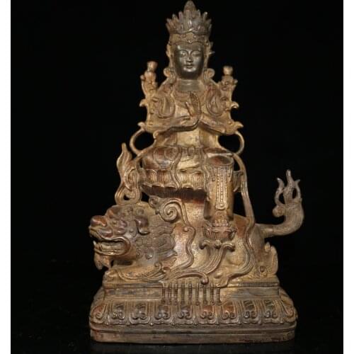 18" Tibet Buddhism Old Bronze Cinnabars Manjushri Buddha Statue Guanyin Bodhisattva Riding a lion statue Enshrine the Buddha