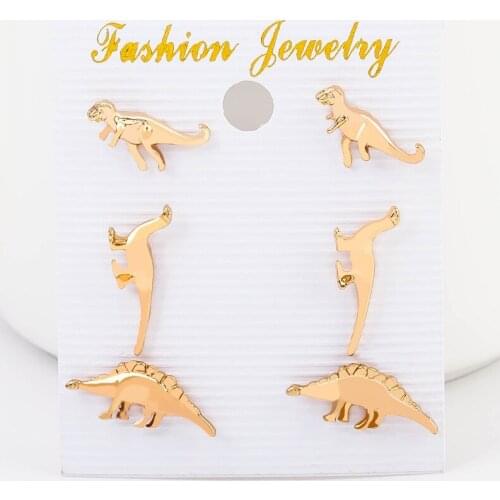 3 Kinds Dinosaur Small Golden Silver Plated Stud Earrings for Women 3 pairs /set