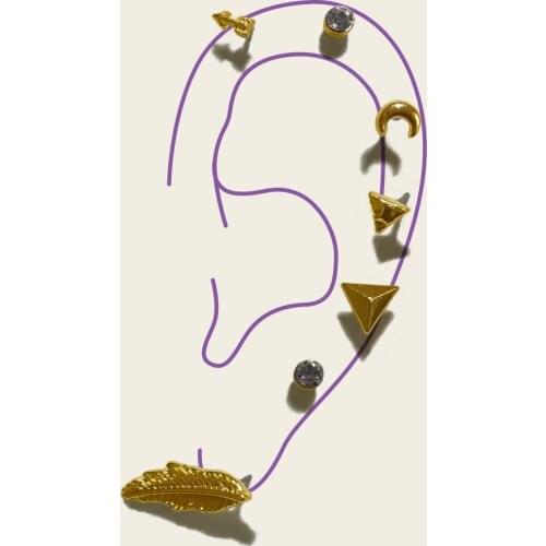 Gold Color Ctue Moon Triangle Transparent Rhinestone Stud Earrings Set Leaf Ear Cuff Piercing Ears Clips Cartilage 7 Pcs/set