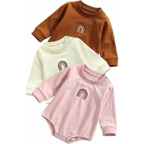 Baby Autumn Rompers Rainbow Embroidery Long-Sleeves Jumpsuit with Crotch Buttons for Toddlers Girls Boys 0-24 Months