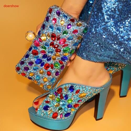 Doershow African Women Italian Shoes and Bag Set Decorated with Rhinestone high Heel Shoes Shoes and Bag Set Party Shoes BSAA1-3