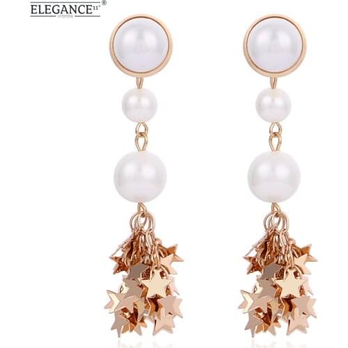 Elegance Long Dangle Earring White Simulated Pearl Ball Golden Star Tassel Pendant Drop Earrins for Woman Party Jewelry